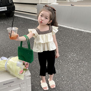 女小童荷叶边套装，韩版儿童时髦洋气夏装童装，衣服女童七分裤两件套