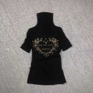 欧洲站优雅短袖女洋气，薄款衫t恤网纱黑色时尚女装上衣打底衫