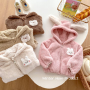 冬装儿童毛毛绒(毛毛绒)外套，男女宝宝可爱保暖连帽上衣婴儿卡通加绒拉链衫