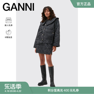 ganni女装经典款，黑色荷叶边翻领绗缝，夹克外套f7630252