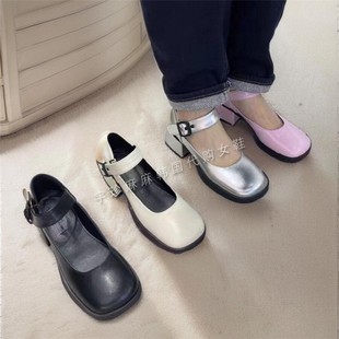 2024韩国女鞋厚底玛丽珍鞋，连衣裙方头粗跟一字带扣气质风单鞋