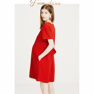 孕妇装夏款2024雪纺连衣裙短袖孕妇夏季法式红色连衣裙中长款