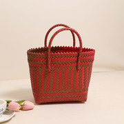 可爱红色塑料编织包方形(包方形)手提女包，海边度假沙滩包小清新草编包