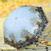安诺淑油画双层遮阳伞文艺蓝天白云，防紫外线伞折叠晴雨两用太阳伞