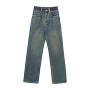 1.5斤蓝色复古做旧高腰牛仔裤，直筒型水洗加绒长裤，a$1楠0128