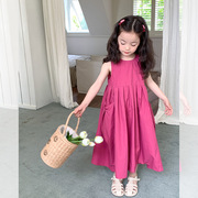 女童夏季洋气背心裙韩版火龙果色连衣裙儿童大裙摆无袖设计感裙子
