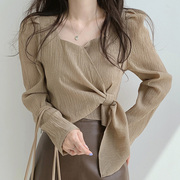 韩国chic秋季复古显瘦方领不规则系带不规则设计宽松长袖衬衫上衣