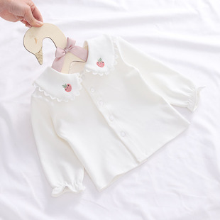 女童打底衫纯棉1岁宝宝，衬衣婴儿t恤开扣长袖，公主白色娃娃衫春秋装