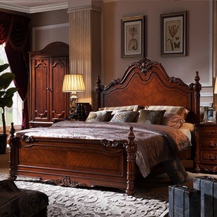 美式实木床奢华大床主卧双人床婚床欧式别墅，复古家具雕花宫廷床