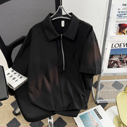 翻领半拉链黑色短袖衬衫男2024年夏季韩版设计感小众宽松百搭衬衣
