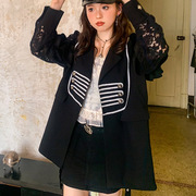 黑色显瘦西装外套女荷叶边蕾丝长袖小众设计西服宽松秋季时尚洋气