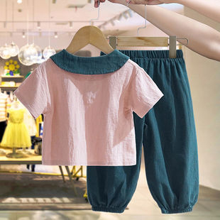 女童粉红兔子短袖T恤套装夏季宝宝 翻领上衣七分裤两件套休闲夏装