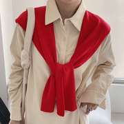 针织毛线小披肩女大红色中国红春秋冬季外搭肩，搭配衬衫网红薄围巾