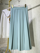 韩国春夏压褶半身裙女水蓝色a字，西装裙垂坠遮跨显瘦百褶长裙