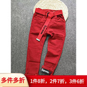 时尚百搭红色飘带，儿童秋季弹力牛仔裤，男童秋装长裤子修身韩版