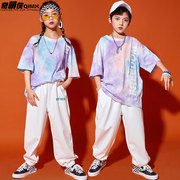 儿童街舞潮服男童套装女童hiphop夏季演出服扎染短袖宽松帅气潮装