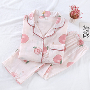 日系甜美睡衣女纯棉纱布，春秋草莓印花可爱长袖开衫家居服套装
