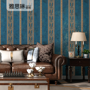 3d立体欧式竖条纹墙纸无纺布，复古美式卧室，客厅背景墙壁纸蓝色绿色
