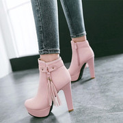 粉色高跟鞋甜美流苏粗跟短靴粉色女靴子超高跟短靴子大码40-43