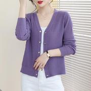 紫色短款开衫女薄款针织衫2023秋季宽松长袖高级时尚毛衣外套