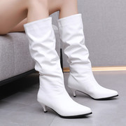 靴白色靴子女高筒中跟单靴女鞋骑士，靴加绒40414243
