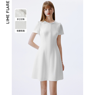 莱茵福莱尔白色小香风法式圆领，收腰连衣裙2024夏季简约a字裙