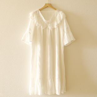 白色睡裙女夏短袖纯棉，纱布中裙甜美公主家居服，睡衣薄款睡衣裙