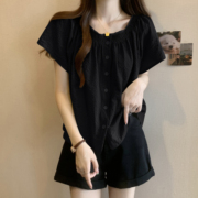 GG。黑色短袖雪纺衬衫女夏季2024年设计感小众气质减龄娃娃衫