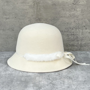 秋冬季优雅羊毛呢简约珍珠皮草条装饰女渔夫帽盆帽复古时尚礼帽子