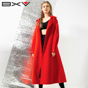 红色系带双面羊绒，大衣女中长款2023春秋，羊毛双面呢宽松外套潮