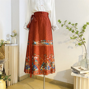 红色新中式马面裙女半身裙，女2024春夏中长款绑带，一片式中国风裙子
