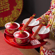 结婚敬茶杯碗套装红色，喜碗对碗，新人婚礼敬茶碗筷一对盖碗婚庆
