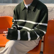 网红绿色条纹翻领毛衣男美式高街半拉链设计套头针织衫早秋设计感