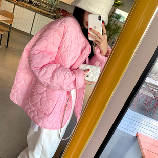 韩国东大门2022冬装加厚设计感粉色爱心棉服，女小个子轻薄棉衣外套