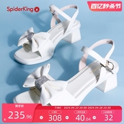 蜘蛛王女鞋2024夏季仙女风粗跟一字扣带凉鞋蝴蝶结时尚高跟鞋