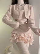 韩系甜美风小香风粉色奶系设计感泡泡袖外套拼接花边蛋糕收腰裙子