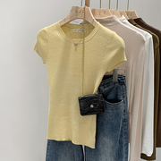 淡黄色圆领针织短袖T恤修身显瘦百搭基础款打底衫韩版潮女上衣