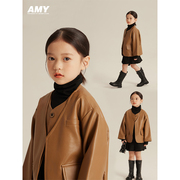 Amybaby女童外套2023秋款儿童假两件高级感皮夹克秋季上衣