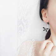 纯银五瓣花朵耳环，女韩国东大门气质耳坠黑色，小花耳钉耳饰