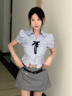 学院风甜辣少女时尚搭配两件套夏季系带褶皱衬衫半身裙裤套装