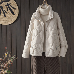 冬季立领白鸭绒(白鸭绒，)羽绒服女款2023年韩版菱格，休闲防风纯色短外套