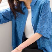 日本24春夏女装蕾丝拼接镂空五分袖衬衫式外套3色有大码M-3L