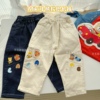 日系miki小熊梭织刺绣长裤，儿童春款纯棉裤，子男女童校园裤