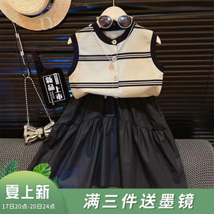 韩韩良品中大童时髦棉质，套装夏季2024条纹无袖上衣短裙两件套