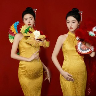 影楼龙年孕妇拍照服装复古中国风国潮旗袍孕妈咪写真艺术摄影