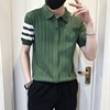 高级感绿色polo衫男潮牌冰丝，条纹针织衫2023夏季男士短袖t恤