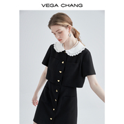 vegachang娃娃领连衣裙，2024年夏季法式小众，小个子黑色裙子