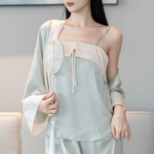 新中式睡衣女薄款春夏季冰丝提花国风性感吊带家居服三件套带胸垫