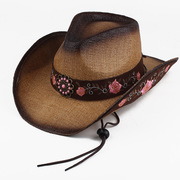 夏季草编牛仔帽绣花透气遮阳情侣款太阳帽，沙滩帽子草帽凉帽女帽