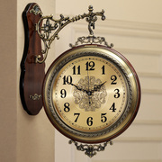 美式实木金属双面挂钟客厅静音欧式两面挂L表创意墙钟石英钟表大